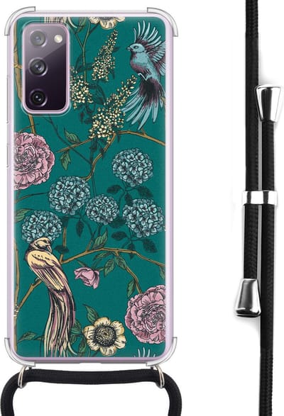 Hoesje met koord geschikt voor Samsung Galaxy S20 FE - Vogels Japanse bloemen - Inclusief koord - Crossbody beschermhoes - Transparant, Groen - Mooie Telefoonhoesjes
