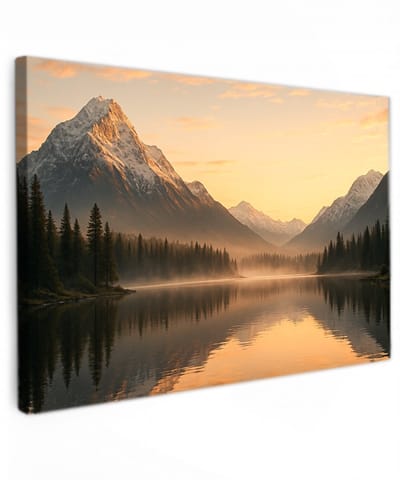 Canvas Schilderij - Canvas Schilderij Bergmeer bij Zonsopkomst - 90x50 cm - Zonsondergang in de Natuur - Landschap - Muurdecoratie voor Woonkamer & Slaapkamer - Premium Kwaliteit Canvas op Houten Frame - Wanddecoratie - Huis decoratie