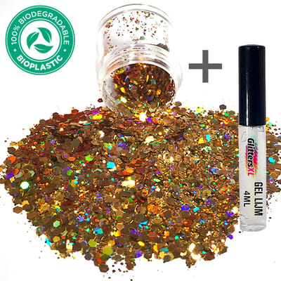 GlittersXL - Chunky Glitters (Goud) + Glitter Huid Lijm [Volume 8g - Festival Jewels Glitter Outfit Lichaam en Gezicht - Make-up Diamond Dots Face Body - Diamantjes Strass Steentjes - Kinderen Volwassenen Dames Makeup - Glitter Tattoo Set]