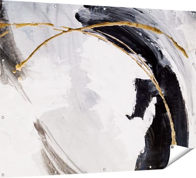 Gards Tuinposter Abstracte Kunst - Wit met Zwart en Goud - 160x120 cm - Tuindoek - Tuindecoratie - Wanddecoratie buiten - Tuinschilderij