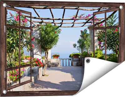 Gards Tuinposter Doorkijk Terras - 60x40 cm - Tuindoek - Tuindecoratie - Wanddecoratie buiten - Tuinschilderij