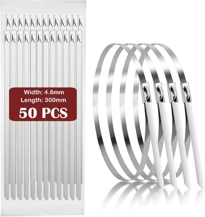 Kabelbinders, 50 stuks, metaal, roestvrij 4,6 mm breed, zelfborgend, stalen metalen kabelbinders voor kabelbeheer, hittebeschermingsband, uitlaatpijpen