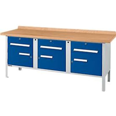 Box-type werkbank Schäfer Shop Select PW 200-5, beuken multiplex blad, tot 750 kg, B 2000 x D 700 x H 840 mm, gentiaanblauw