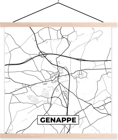 Posterhanger incl. Poster 40x40 cm - Schoolplaat - Stadskaart – Plattegrond – België – Zwart Wit – Genappe – Kaart - Textielposter - Blanke latten - Stadskaart