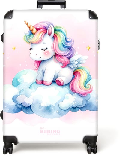 NoBoringSuitcases.com® - Koffer groot - Reiskoffer lichtgewicht - Witte eenhoorn met regenboog manen op een wolk - Rolkoffer met 4 wielen - Grote trolley XL - 98 liter bagage
