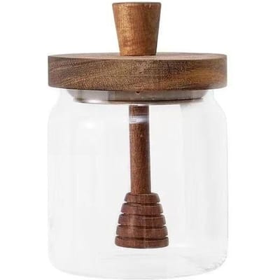 Hoge Borosilicaatglas Honingpot Transparante Luchtdichte Pot met Houten Deksel Mengstaaf Huishoudelijke Honing Luchtdichte Bewaarcontainer brown