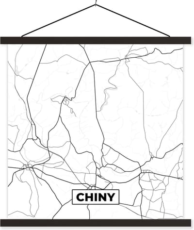 Posterhanger incl. Poster 60x60 cm - Schoolplaat - België – Chiny – Stadskaart – Kaart – Zwart Wit – Plattegrond - Textielposter - Zwarte latten - Stadskaart