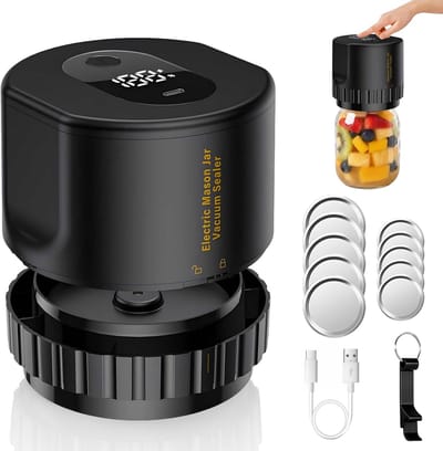 Automatische Vacuümverzegelaar Voor Potten - Ingebouwde Oplaadbare Batterij - 10 Afsluitdeksels, Flesopener En Etiketten - Voedselveilig Abs En Siliconen - Compact En Draagbaar - Zwart