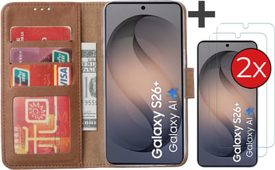 Hoesje met 2 Stuks Screenprotectors Geschikt voor Samsung Galaxy S26 Plus – Arara bookcase met pasjeshouder - Bruin