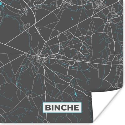 Poster Plattegrond – Binche – Blauw – Stadskaart - Kaart - 100x100 cm XXL