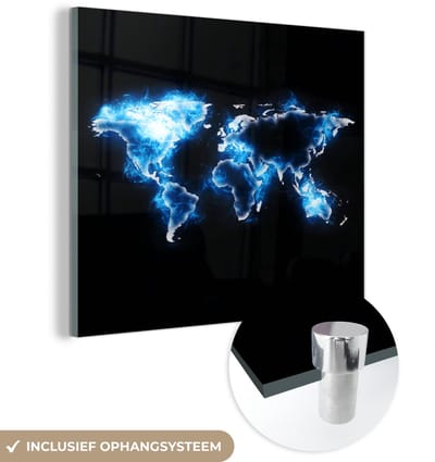 ® Glasschilderij 90x90 cm - Schilderij acrylglas - Wereldkaart - Zwart - Blauw - Foto op glas - Muurdecoratie woonkamer - Wanddecoratie slaapkamer - Schilderijen