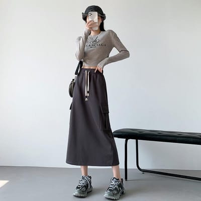 Lente en Herfst Broekrok met Trekkoord Hoge Taille en Dun Veelzijdig Heupomsluitend Splitrok Losse Rok L