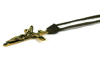 IbizaMen - heren - ketting - veter - bruin - leer - vintage - Goud - edelstaal - crucifex - kruis - verstelbaar