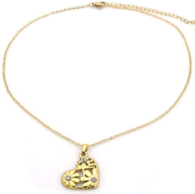 Ketting met Hart - Goudkleurig - Hart met Bloemen Grijs- RVS - Stainless Steel – valentijn – cadeau