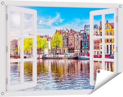 Gards Tuinposter Doorkijk Amsterdamse Huisjes aan het Water - 90x60 cm - Tuindoek - Tuindecoratie - Wanddecoratie buiten - Tuinschilderij