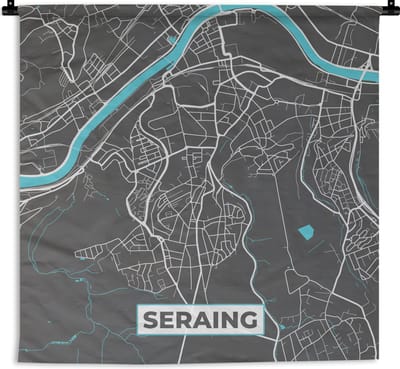 Wandkleed - Wanddoek - Plattegrond – Seraing – Blauw – Stadskaart - Kaart - 180x180 cm - Wandtapijt