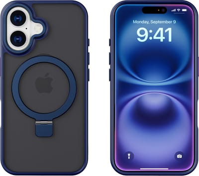 Hoesje Geschikt voor iPhone 16 Magsafe hoesje - hard backcover - Magnetische Standaard - Ringhouder - Mat Transparant / Blauw