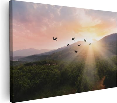 Artaza Canvas Schilderij Zonsondergang - 30x20 cm - Klein - Wanddecoratie Bergen - Muurdecoratie Vogels - Kamer Accessoires Natuur
