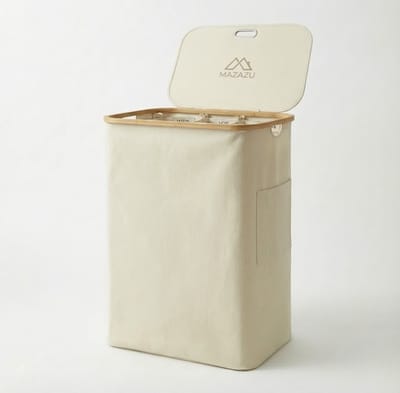 MAZAZU Wasmand met 3 Vakken - 150 Liter - Beige & Bamboe - Wassorteerder met Deksel - Uitneembare Waszakken - Incl. Labels & Zijvak