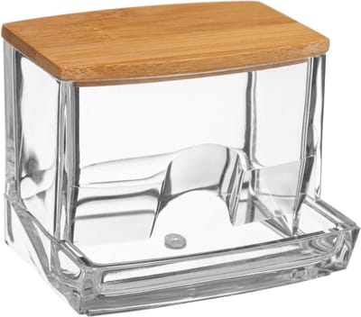 5five Wattenstaafjes houder - 9,5 x 7,5 cm - kunststof / bamboe - Wattenstaafjes opbergen box - Wattenstaafdispenser - Make-up organizer