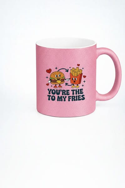 Roze Glitter Mok 'Jij bent de burger bij mijn friet' - Hamburger & Frietjes Liefdes Mok