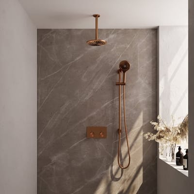 Brauer Copper Carving thermostatische inbouw regendouche met drukknoppen SET 71 met 20 cm douchekop en plafondarm en 3-standen handdouche en doucheslang en geïntegreerde glijstang koper geborsteld PVD