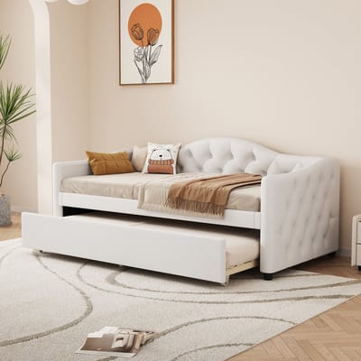 MODFU - Dagbed Met Uitschuifbaar Onderschuifbed - Minimalistisch - Voor Woonkamer Of Slaapkamer - Linnen En MDF - Beige - 90 x 200 cm