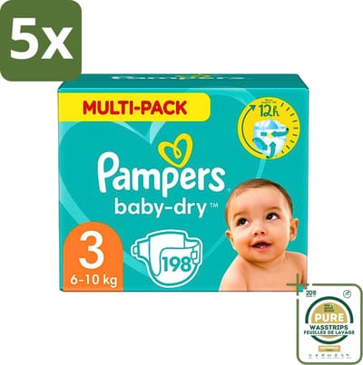 5 x Pampers - Baby-Dry - Luiers - Maat 3 (6-10 kg) - 198 Luiers - Grootverpakking - Luiers Baby - Baby Droog - Lekken Bescherming - Babyhuid Bescherming - Superabsorberend