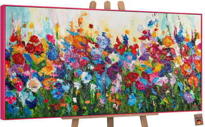 Canvas schilderij groot handgeschilderd bloemenkleuren botanisch uitbundig – YS-Art Gallery – Vrolijke wanddecoratie voor woonkamer – Modern schilderij voor slaapkamer en hal