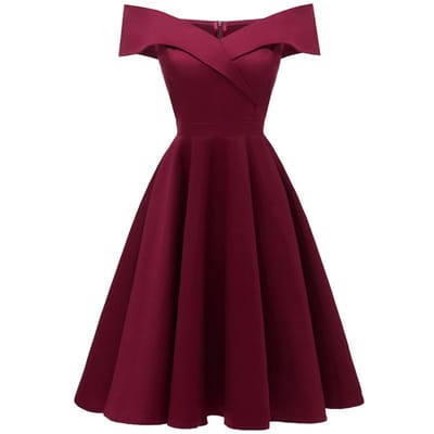Elegante dames off shoulder jurk V hals korte mouw effen geplooid cocktail party A-lijn swing L bordeaux
