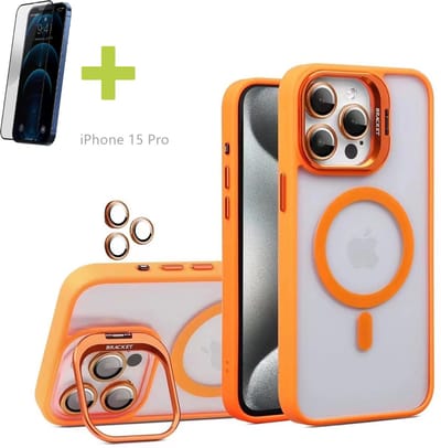 Standaards Hoesje voor iPhone 15 Pro, Compatibel met MagSafe Hoes, Acryl + TPU Case met Metaal Camerafolie, Transparant, Oranje - Screenprotector