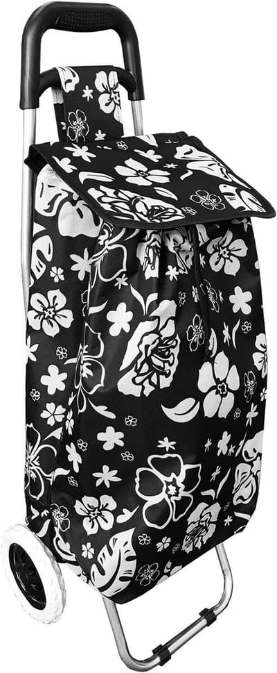 Opvouwbare Boodschappentrolley Trapklimmer met Grote Mand en Wielen - Bloemenprint Zwart