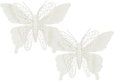 Kerstboomversiering Vlinder - 2x stuks - 16 cm - wit glitter - op clip