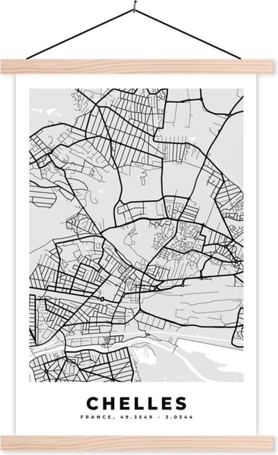 Posterhanger incl. Poster 40x60 cm - Schoolplaat - Kaart - Stadskaart - Frankrijk - Chelles - Plattegrond - Textielposter - Blanke latten - Stadskaart