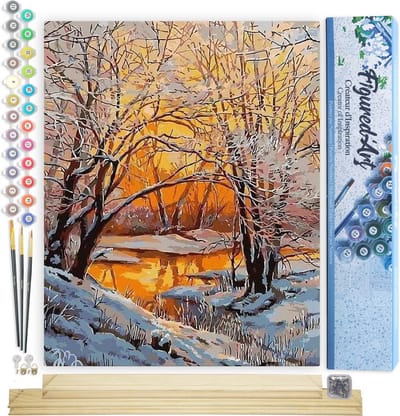 Figured'Art Schilderen op Nummer Volwassenen canvas Frisse lucht in het winterbos - Handwerk acrylverf Kit DIY Compleet - 40x50cm met DIY houten lijst