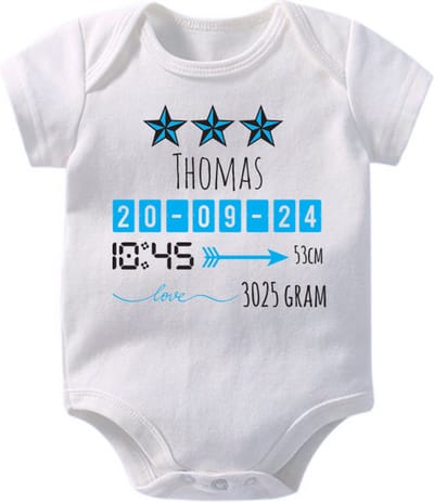 Hospitrix Baby Rompertje met Geboortegegevens Blauw Jongen | Korte Mouw | Cadeau voor Zwangerschap | Bekendmaking | Aankondiging