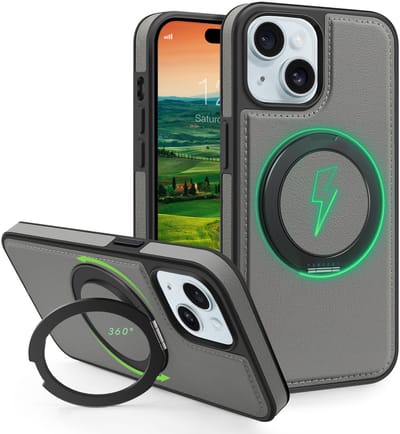 Perfeqt hoesje geschikt voor iPhone 15 Plus leren BackCover met 360° Kickstand & Keyring houder - Titanium Gray