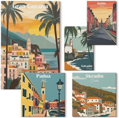 Wallfluent Set van canvas schilderijen - Landschappen van Europese steden en pittoreske uitzichten Canvas Schilderijen Set - Set van 5 Canvas Schilderijen - Oranje Set van Canvas Prints - Steden Canvas Kunst Set - Boheemse Canvas Kunst Set