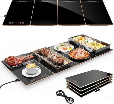 Elektrische warmhoudplaat met 8-niveau temperatuur & timer, uitschuifbare 88 cm voedselwarmhoudmat, draagbare 4-in-1 modulaire verwarmde plaat voor feesten & catering, gouden rand