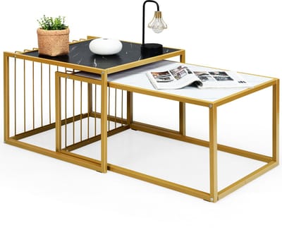 COSTWAY Moderne nesttafels set van 2, stapelbare salontafels bijzettafel set, waterdicht gemarmerde tafelblad, gemakkelijke montage, vrije combinatie, industrieel ontwerp, ideaal voor kleine ruimten