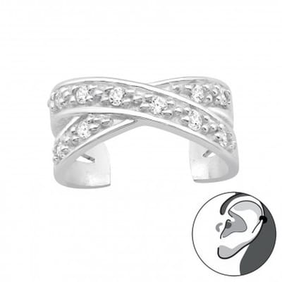 Zilveren ear cuff - gekruiste banden met kristallen - nikkelvrij