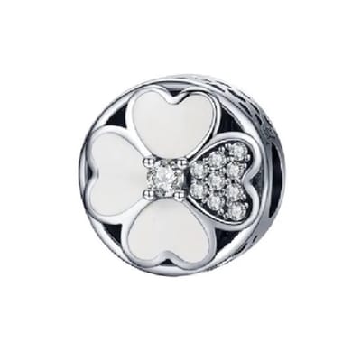 Klavertjevier Bedel – 925 Zilver – Geluk – Wit – Zirkonia - RomyStones – Voor je bedelarmband - Kerst Cadeau