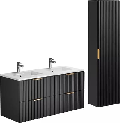 Vente-unique Geribbeld hangmeubel voor badkamer met inbouwwastafel - Zwart - 120 cm - ZEVARA