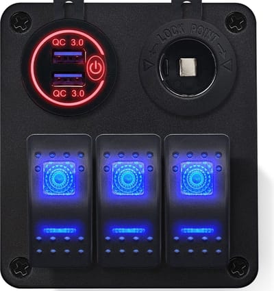 ProRide Schakelpaneel 12V voor Auto/Boot - USB Lader 2 Poorten met Sigaretten stopcontact - QC3.0 - PUSB1QC-R - 3 schakelaars