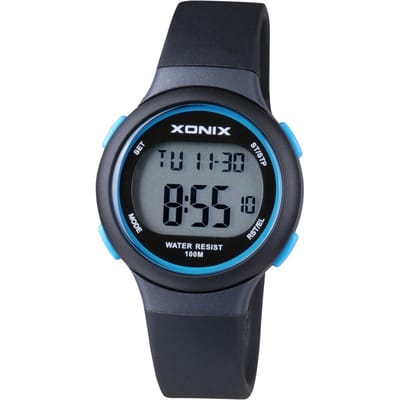 Xonix BAW-007 - Horloge - Digitaal - Dames - Vrouwen - Kinderen - Unisex - Siliconen band - ABS - Cijfers - Achtergrondverlichting - Alarm - Start-Stop - Chronograaf - Tweede tijdzone - Waterdicht - 10 ATM - Zwart - Blauw