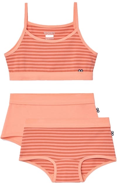 Woody ondergoed set meisjes - streep - oranje en roest - 1 topje en 2 boxers - maat 164