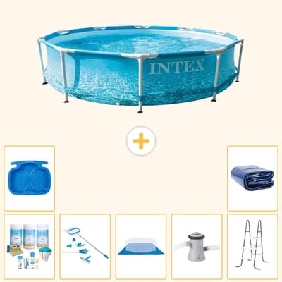 Intex Rond Frame Zwembad - 305 x 76 cm - Waterprint - Inclusief Onderhoudspakket - Schoonmaakset - Grondzeil - Zwembadfilterpomp - Voetenbad - Ladder - Solarzeil - 8-delig