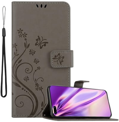 Cadorabo Hoesje geschikt voor Huawei P40 in BLOEMEN GRIJS - Beschermhoes in bloemmotief met magnetische sluiting, standfunctie en kaartsleuven Book Case Cover Etui