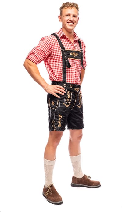 Samex® - Lederhosen Man + Blouse - Compleet Oktoberfest Kostuum Heren - Korte Lederhose - Verkleedkleren mannen - Carnavalskleding - Zwart/Rood - Maat S