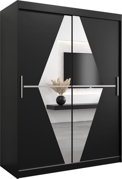 InspireMe - Kledingkast met 2 schuifdeuren, Modern-stijl, Een kledingkast met planken en een spiegel (BxHxD): 150x200x62 - BOLA 150 Zwart Mat